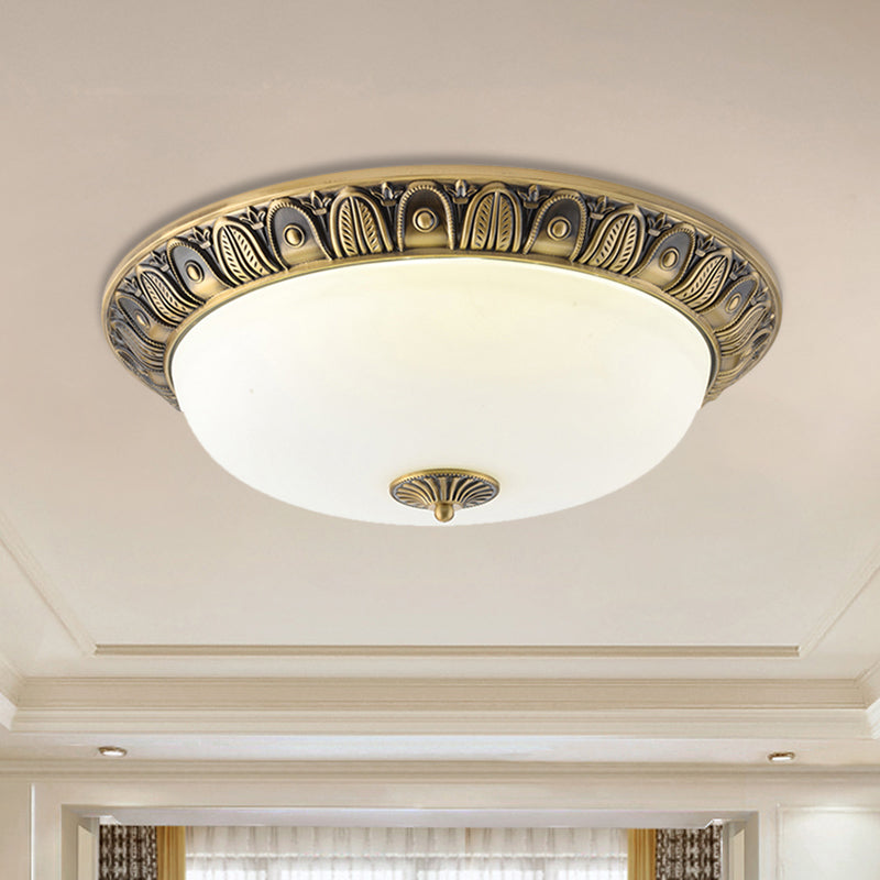 LED Dome Ceiling Lamp Fixture - Wide Antiqued Brass Finish with Opal Glass - Flushmount Lighting - 12"/16"/19.5