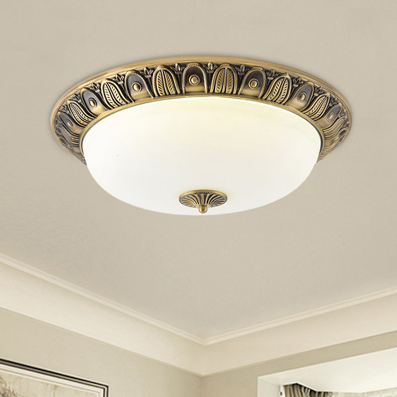 LED Dome Ceiling Lamp Fixture - Wide Antiqued Brass Finish with Opal Glass - Flushmount Lighting - 12"/16"/19.5