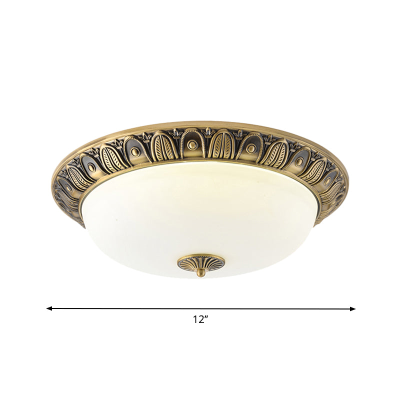 LED Dome Ceiling Lamp Fixture - Wide Antiqued Brass Finish with Opal Glass - Flushmount Lighting - 12"/16"/19.5