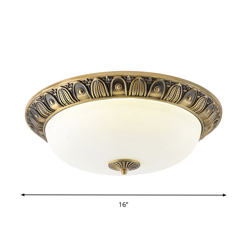 LED Dome Ceiling Lamp Fixture - Wide Antiqued Brass Finish with Opal Glass - Flushmount Lighting - 12"/16"/19.5