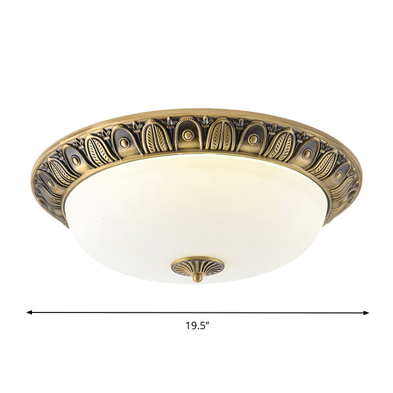 LED Dome Ceiling Lamp Fixture - Wide Antiqued Brass Finish with Opal Glass - Flushmount Lighting - 12"/16"/19.5