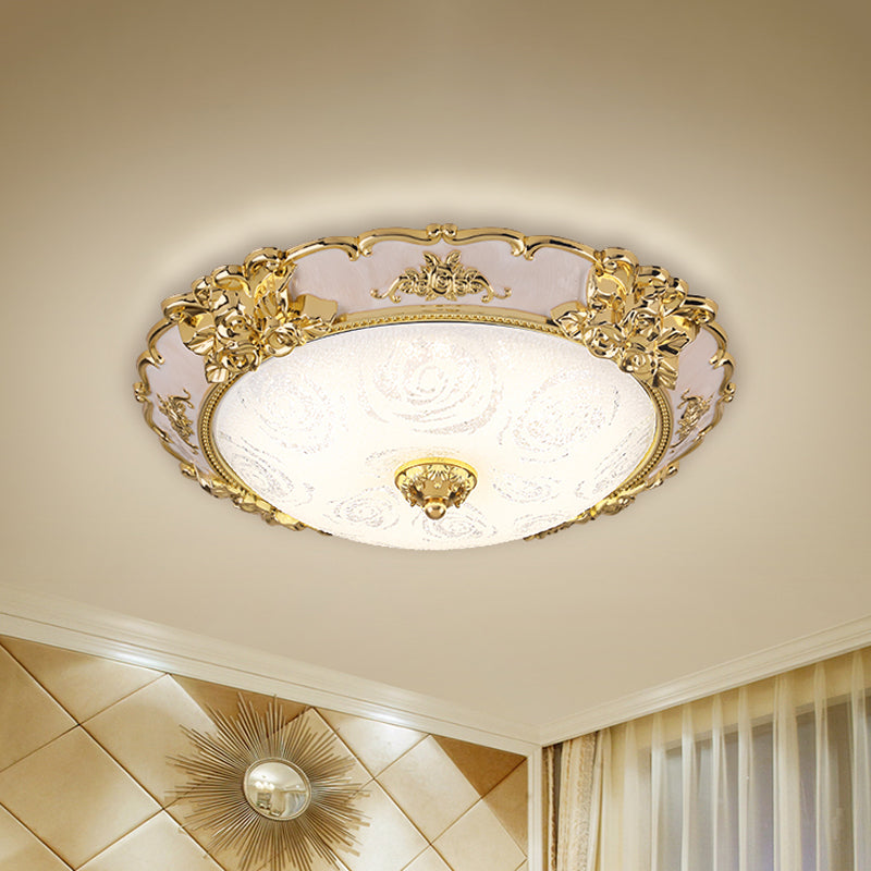 Country Textured Glass Flush Mount Light - LED Gold Bowl Living Room Lighting (12"/16"/19.5" W)