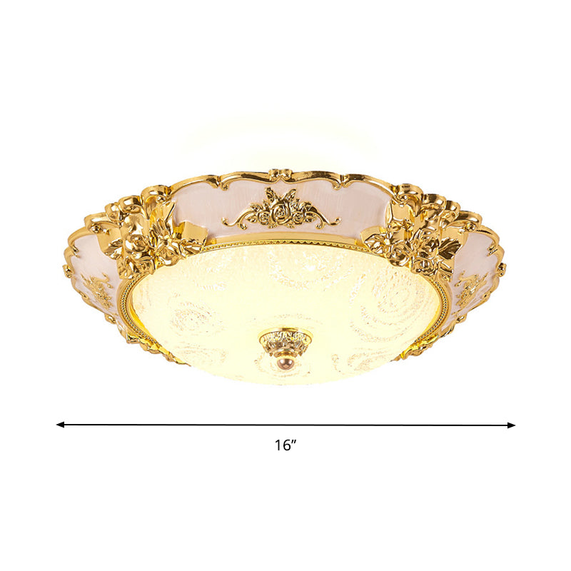 Country Textured Glass Flush Mount Light - LED Gold Bowl Living Room Lighting (12"/16"/19.5" W)