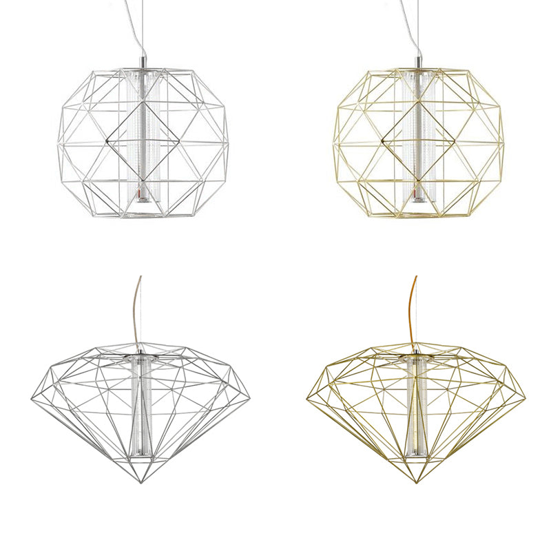 Suspension contemporaine en forme de cage métallique avec abat-jour en verre - Chrome/or - Éclairage de salle à manger