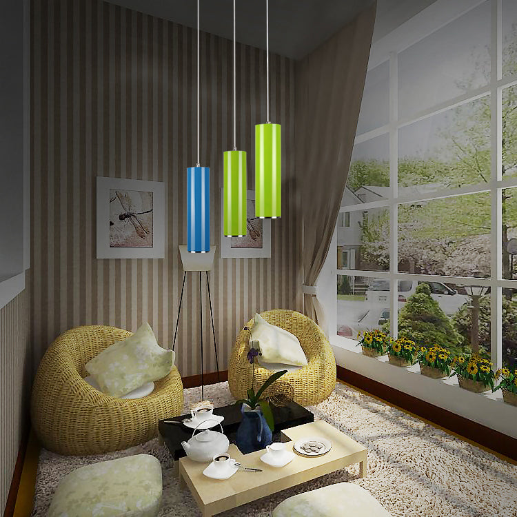 Sleek 11"/19"/23.5" H Blue/Green Metal Cylinder Pendant Lamp - Simple Style, 1 Head Bar Hanging Light in Warm/White