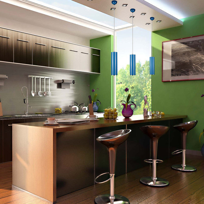 Sleek 11"/19"/23.5" H Blue/Green Metal Cylinder Pendant Lamp - Simple Style, 1 Head Bar Hanging Light in Warm/White