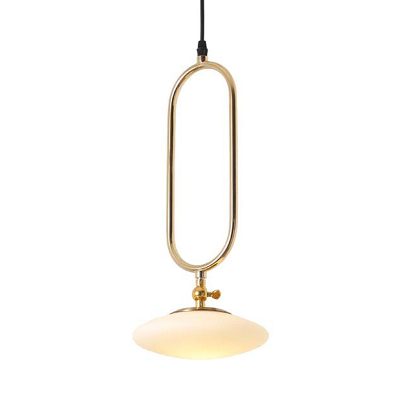 Contemporary Fly Saucer Pendant Lamp in Gold Finish - Milk Glass, 1 Light, Bedside Ceiling Light