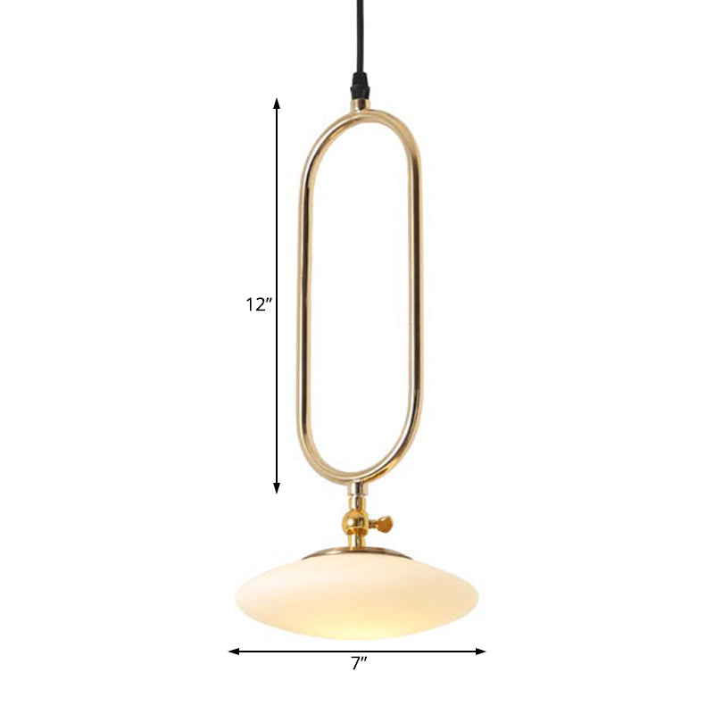 Contemporary Fly Saucer Pendant Lamp in Gold Finish - Milk Glass, 1 Light, Bedside Ceiling Light