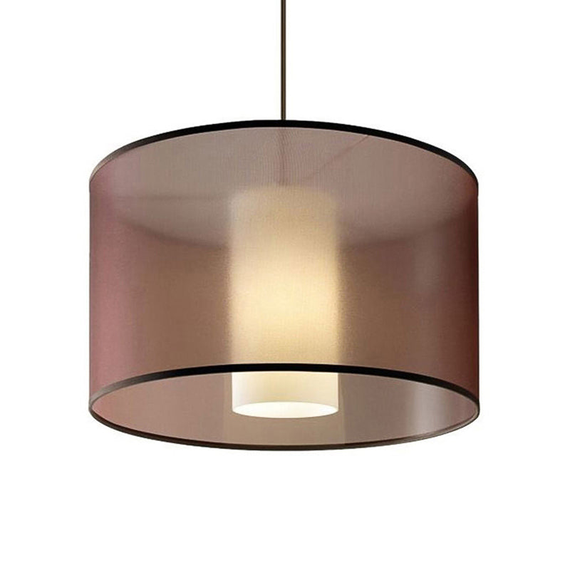 Nordic Brown Fabric Cylinder Pendant Light Fixture With Led 16/19.5/23.5 Dia