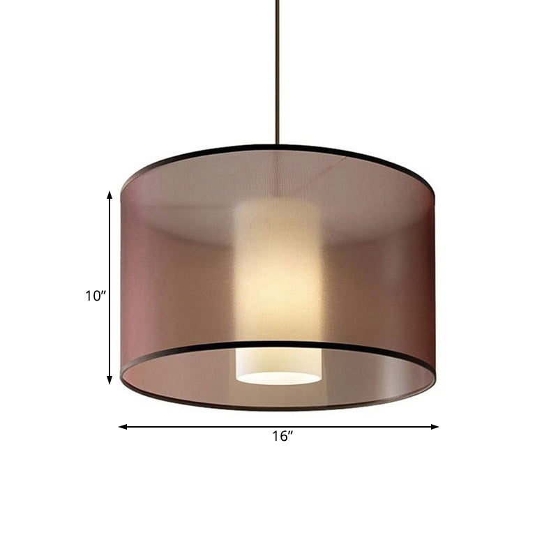 Nordic Brown Fabric Cylinder Pendant Light Fixture With Led 16/19.5/23.5 Dia