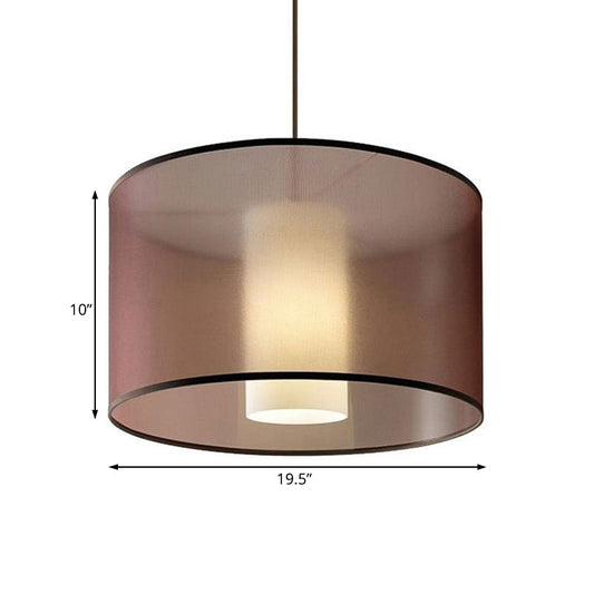 Nordic Brown Fabric Cylinder Pendant Light Fixture With Led 16/19.5/23.5 Dia