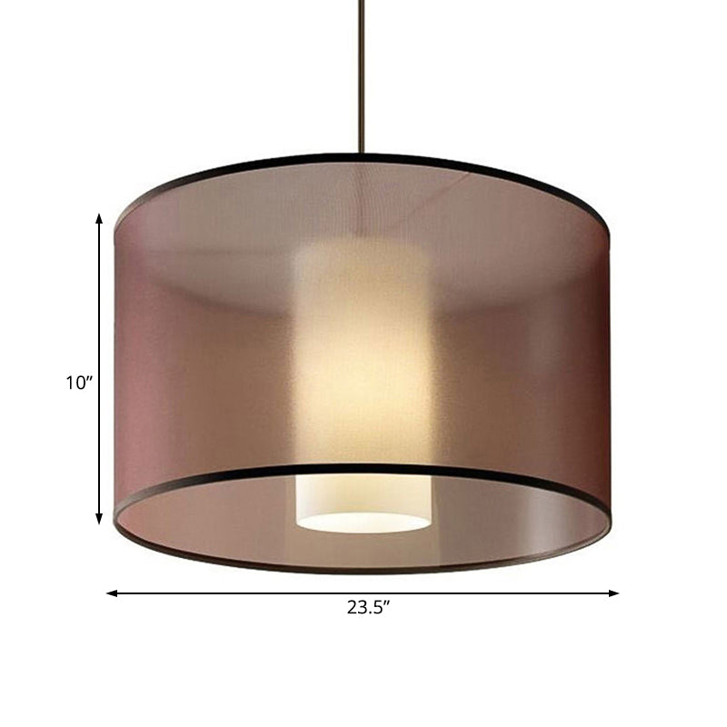 Nordic Brown Fabric Cylinder Pendant Light Fixture With Led 16/19.5/23.5 Dia