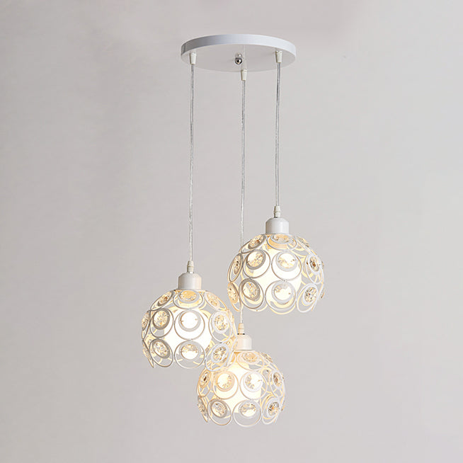 Modern Crystal Dome Pendant Lamp with Metal Cage Design - 1/3 Lights - White/Black - Round/Linear Canopy