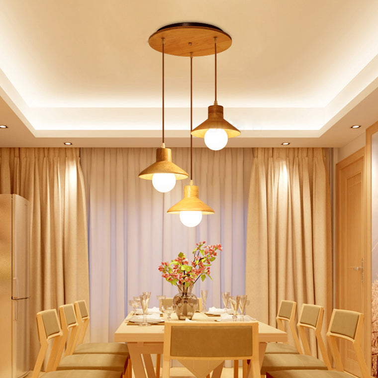 Modern Wooden Pendant Light in Beige for Kid's Room - Coolie Shade Hanging Light with Linear/Round Canopy
