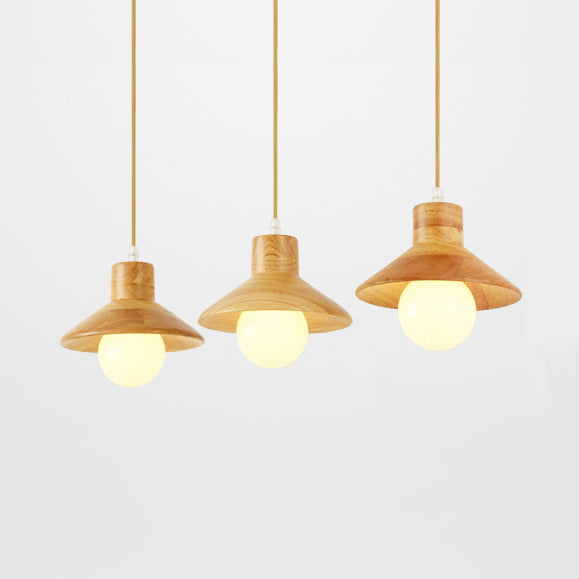 Modern Wooden Pendant Light in Beige for Kid's Room - Coolie Shade Hanging Light with Linear/Round Canopy