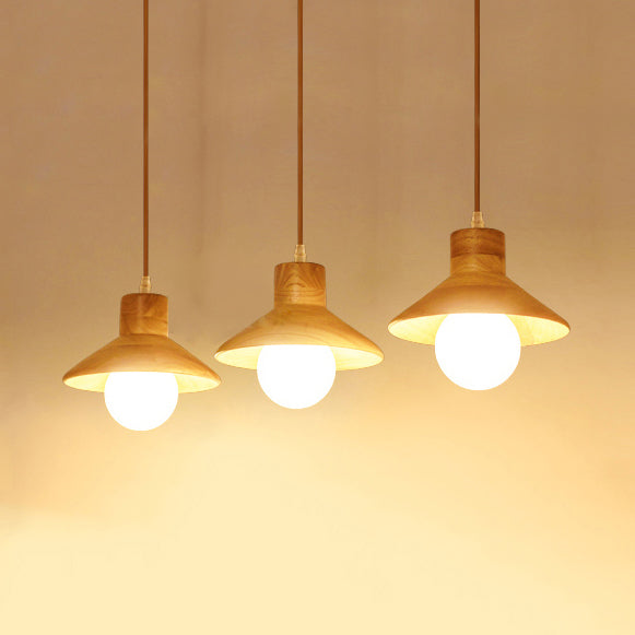 Modern Wooden Pendant Light in Beige for Kid's Room - Coolie Shade Hanging Light with Linear/Round Canopy