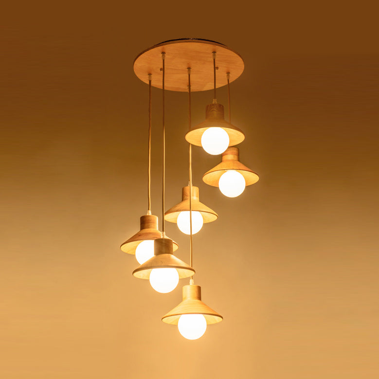 Modern Wooden Pendant Light in Beige for Kid's Room - Coolie Shade Hanging Light with Linear/Round Canopy