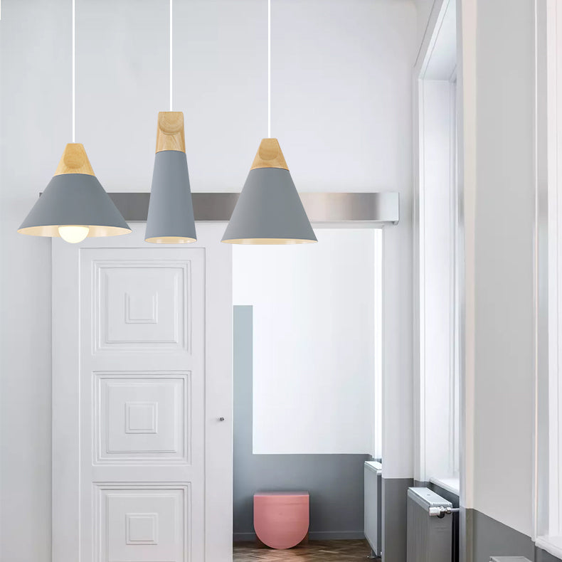 Modern Wood & Aluminum Coolie Pendant Light for Bedroom - Single Head in Black, Grey, Yellow & White