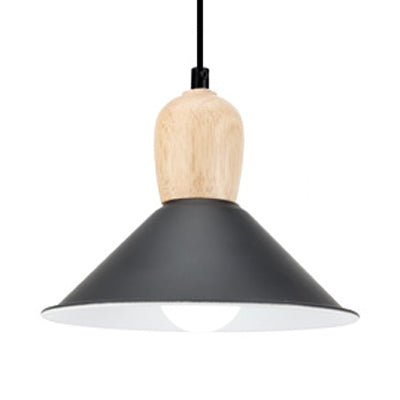 Nordic Style Metal Cone Pendant Light with Wooden Bulb Base for Office - 1 Head Hanging Light