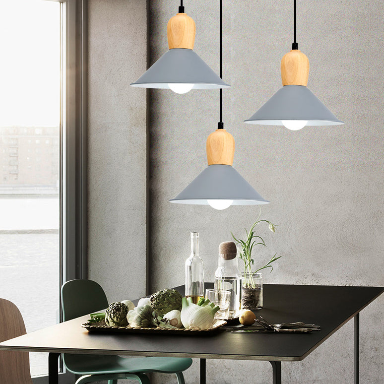 Nordic Style Metal Cone Pendant Light with Wooden Bulb Base for Office - 1 Head Hanging Light