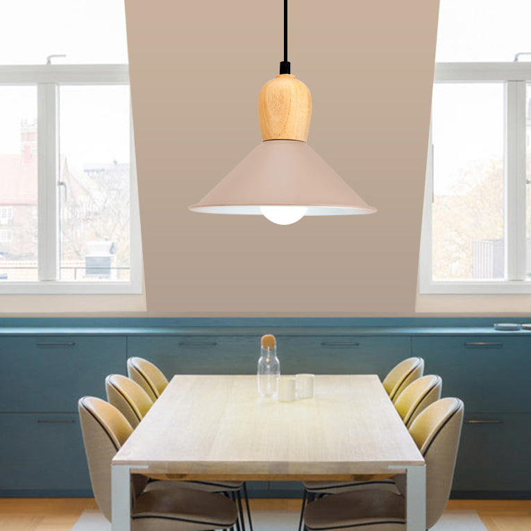 Nordic Style Metal Cone Pendant Light with Wooden Bulb Base for Office - 1 Head Hanging Light