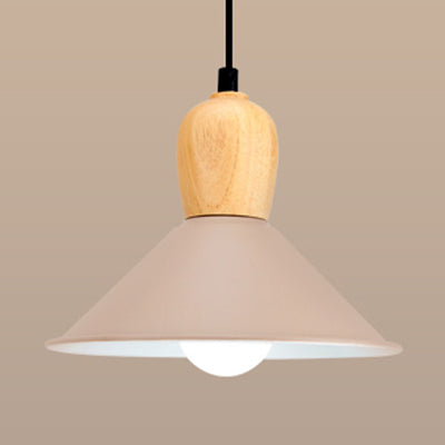 Nordic Style Metal Cone Pendant Light with Wooden Bulb Base for Office - 1 Head Hanging Light