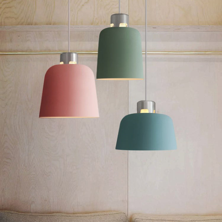 Nordic Pendant Lighting: Metal Bucket Shade Single Light In Blue/Green/Pink For Restaurant Dining