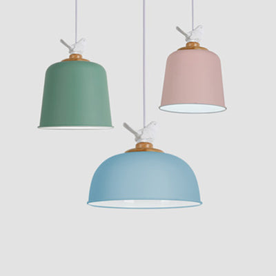 Stylish Macaron Suspension Light With Little Bird 10/12 Inch Wide Metallic Pendant Lamp For Kids