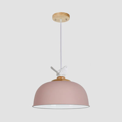 Stylish Macaron Suspension Light With Little Bird 10/12 Inch Wide Metallic Pendant Lamp For Kids
