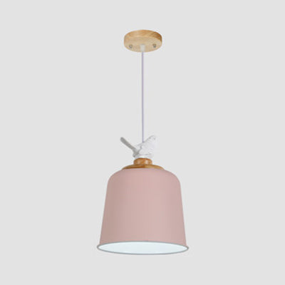 Stylish Macaron Suspension Light With Little Bird 10/12 Inch Wide Metallic Pendant Lamp For Kids