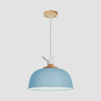 Stylish Macaron Suspension Light With Little Bird 10/12 Inch Wide Metallic Pendant Lamp For Kids