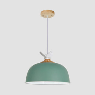 Stylish Macaron Suspension Light With Little Bird 10/12 Inch Wide Metallic Pendant Lamp For Kids