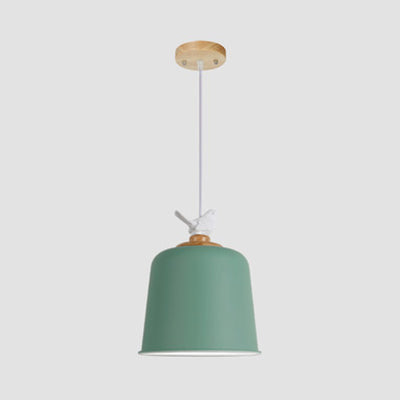 Stylish Macaron Suspension Light With Little Bird 10/12 Inch Wide Metallic Pendant Lamp For Kids