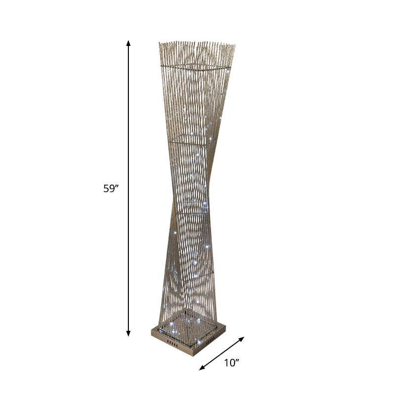 Silver Metal Led Floor Lamp Twisted Cuboid Design For Study Room Décor