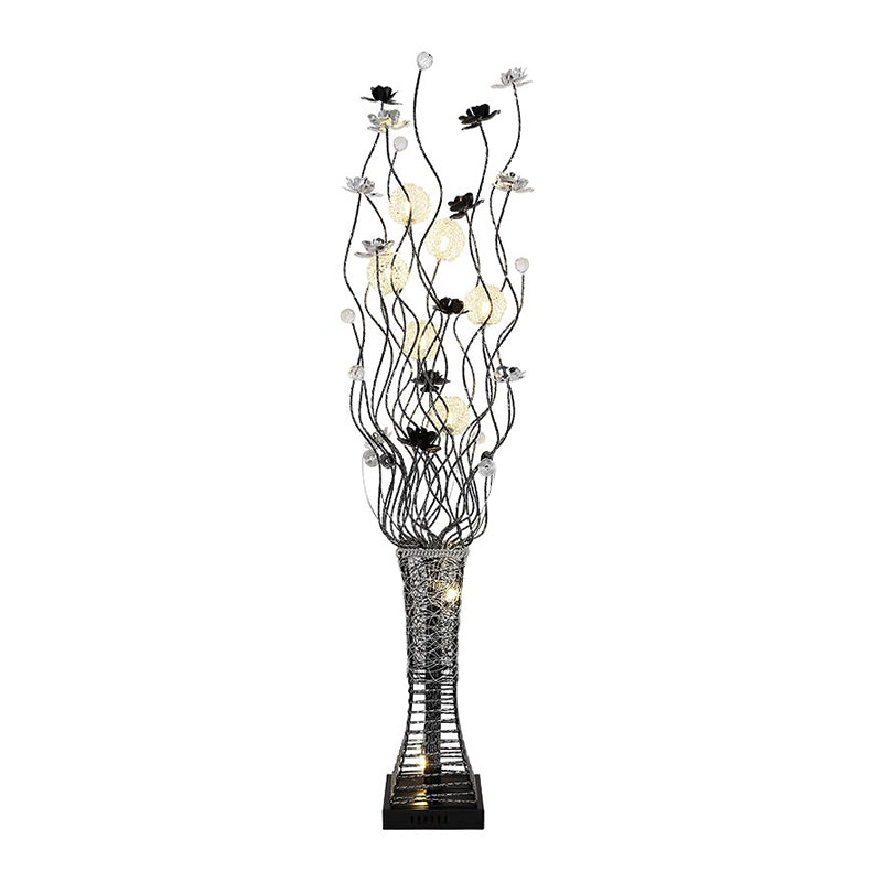 Modern Metallic Tree Branch Floor Lamp With Trapezoid Base In Black/Silver - Decorative Led Reading