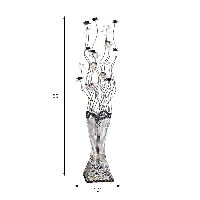 Contemporary Torch-Like Led Floor Light With Curvy Arm And Floret Decor In Black/Silver