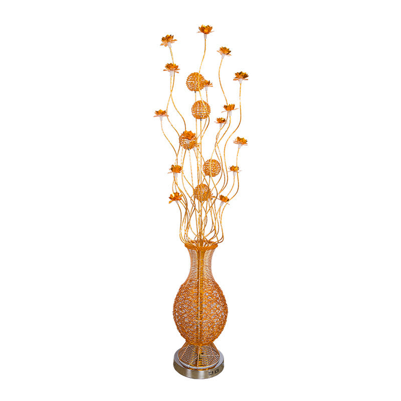 Gold Aluminum Led Oval Twig Floor Lamp With Flower Art Decor