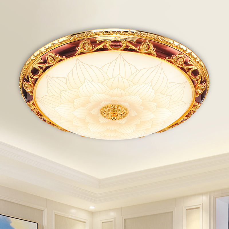 Vintage Gold LED Flush Ceiling Light with Blossom Frosted Glass Bowl - 12.5"/15"/19" Width