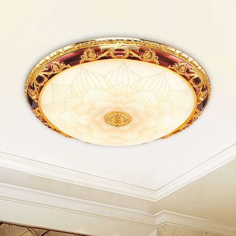 Vintage Gold LED Flush Ceiling Light with Blossom Frosted Glass Bowl - 12.5"/15"/19" Width