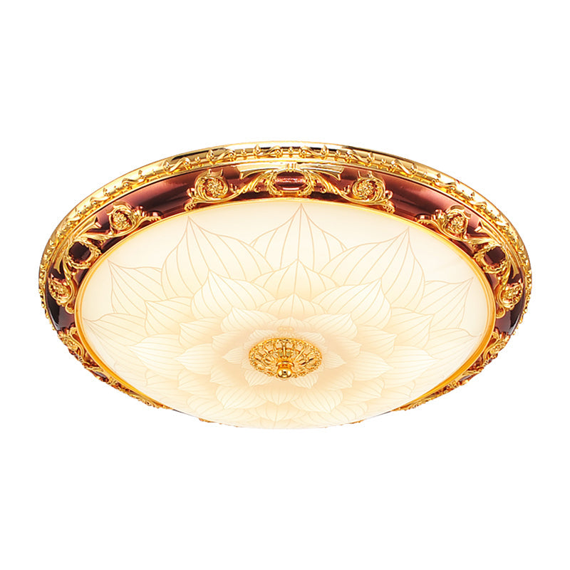 Vintage Gold LED Flush Ceiling Light with Blossom Frosted Glass Bowl - 12.5"/15"/19" Width