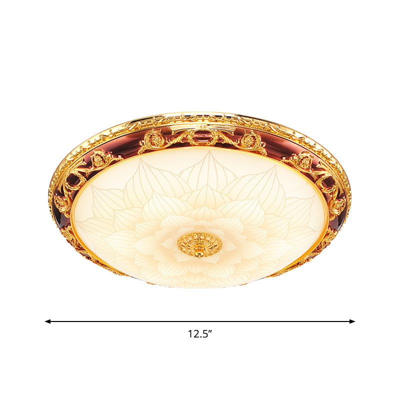 Vintage Gold LED Flush Ceiling Light with Blossom Frosted Glass Bowl - 12.5"/15"/19" Width