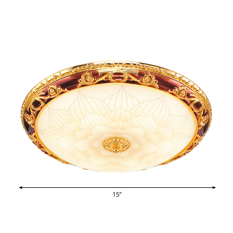 Vintage Gold LED Flush Ceiling Light with Blossom Frosted Glass Bowl - 12.5"/15"/19" Width