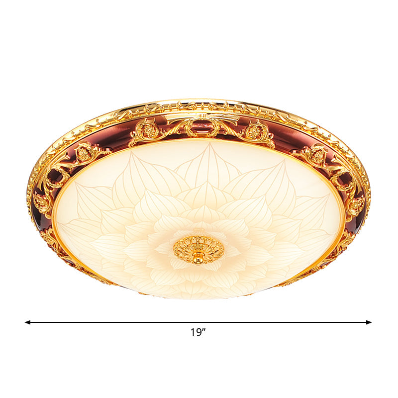 Vintage Gold LED Flush Ceiling Light with Blossom Frosted Glass Bowl - 12.5"/15"/19" Width