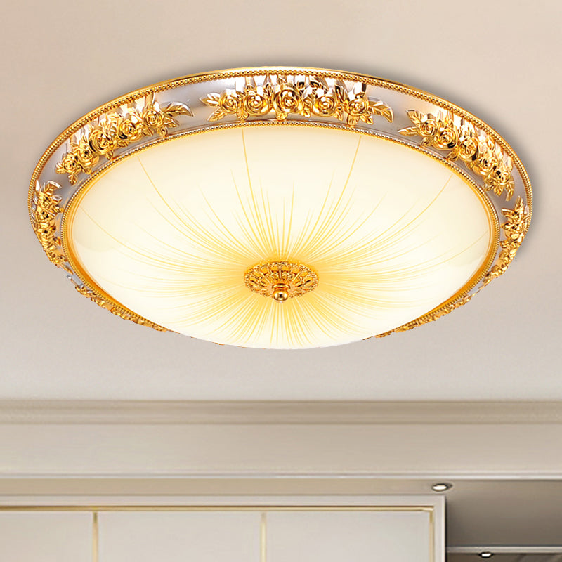 Antique Opal Glass Flush Mount Ceiling Light with Embossed Rose Trim