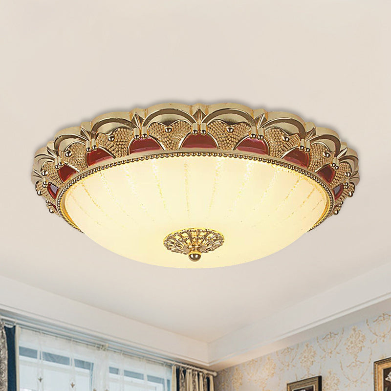 Plafonnier LED traditionnel en laiton avec design en forme de bol festonné, verre blanc givré, luminaire encastré - 12"/16" de diamètre