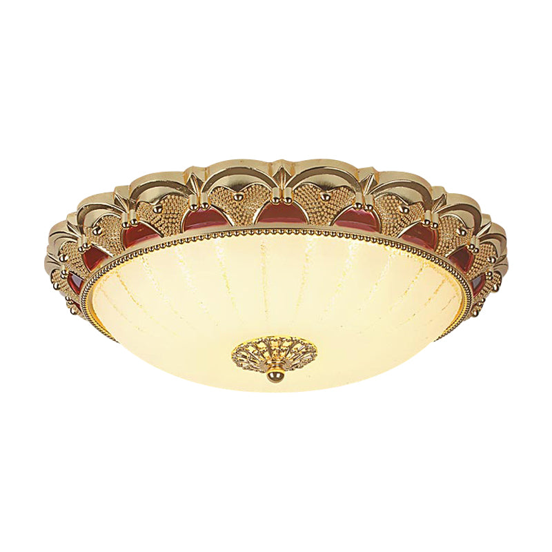 Plafonnier LED traditionnel en laiton avec design en forme de bol festonné, verre blanc givré, luminaire encastré - 12"/16" de diamètre