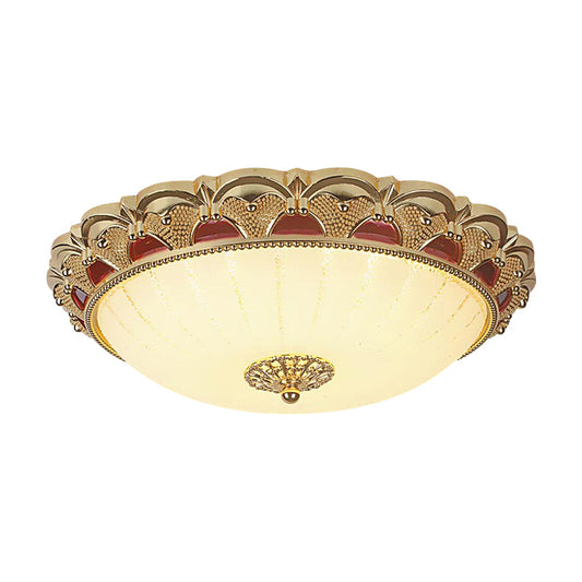 Traditional Brass Led Ceiling Lamp With Scalloped Bowl Design Frosted White Glass Flush Mount