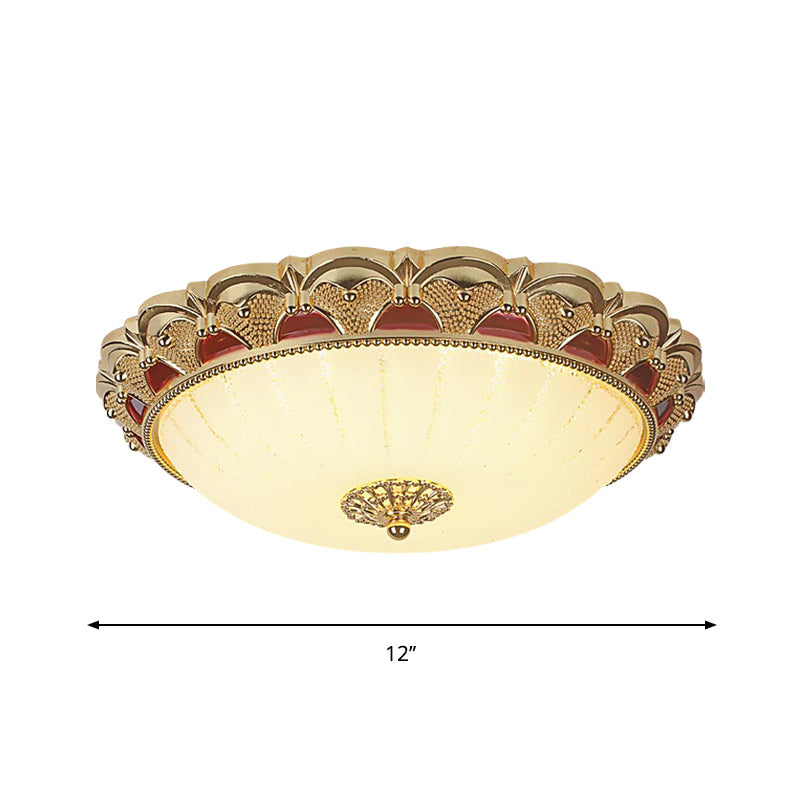 Plafonnier LED traditionnel en laiton avec design en forme de bol festonné, verre blanc givré, luminaire encastré - 12"/16" de diamètre