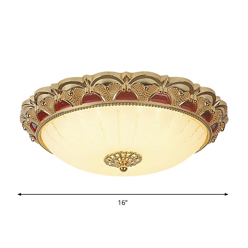 Plafonnier LED traditionnel en laiton avec design en forme de bol festonné, verre blanc givré, luminaire encastré - 12"/16" de diamètre
