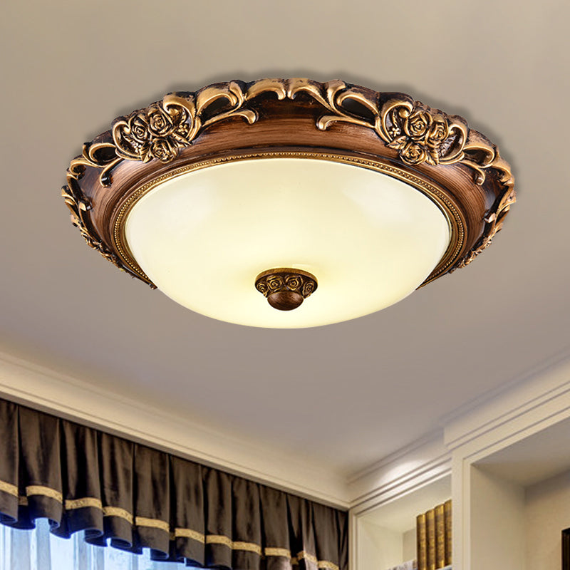 Antique Milk Glass Dome Bedroom Ceiling Light with LED, Flush Mount, Brown, 14"/16"/19.5" Dia